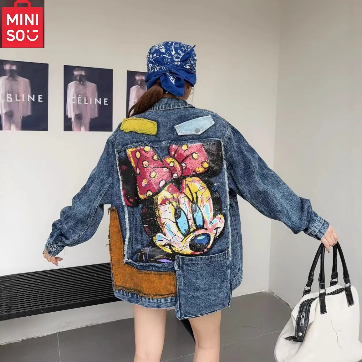 

MINISO Autumn New Loose Cartoon Nail Bead Western Style Cowboy Jacket Flip Collar Casual Women's Top