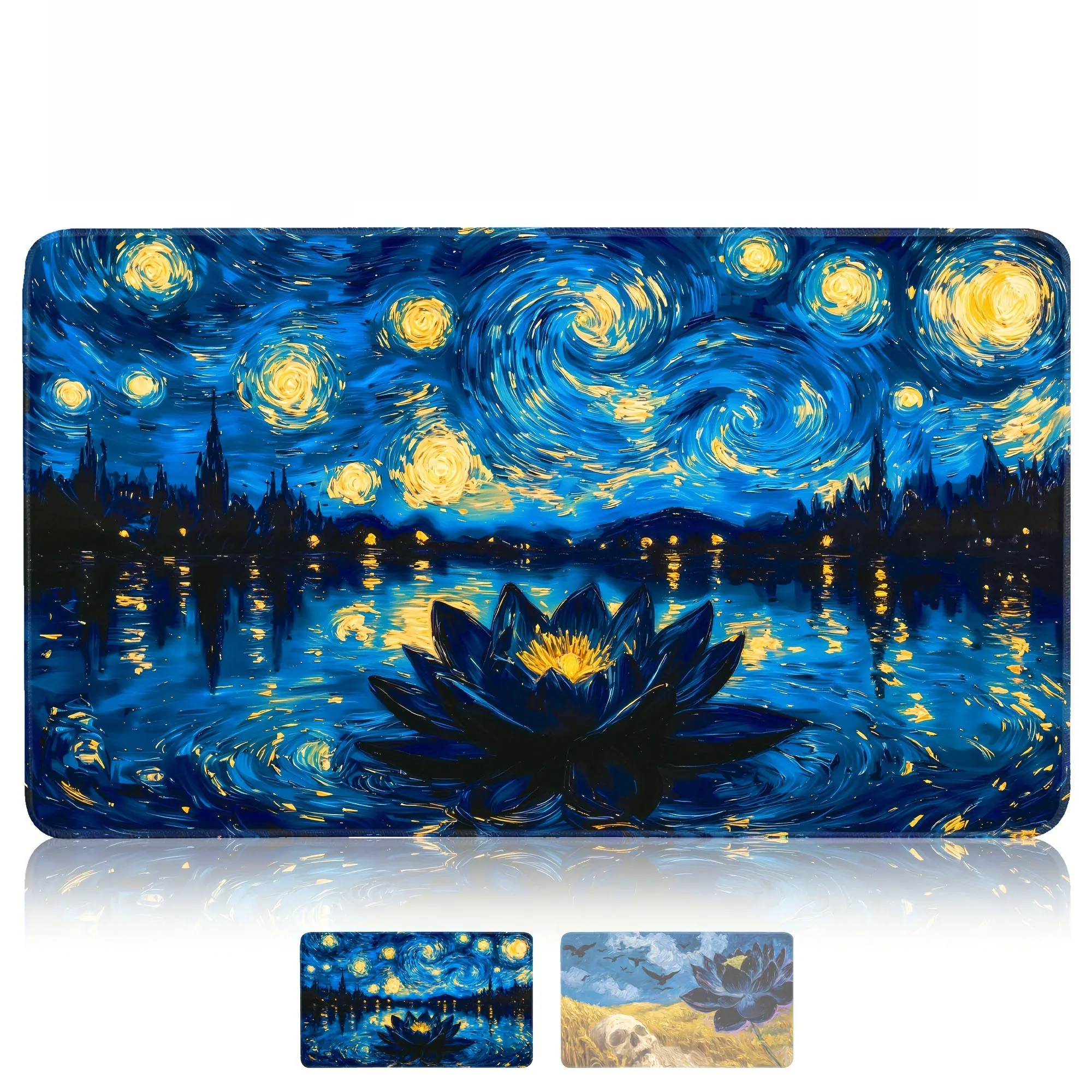 Van Gogh's Starry Night and Lotus Design Mouse Pad Computer Offices Mousepad Anti-slip Playmat for MTG DTCG CCG RPG Trading Rug