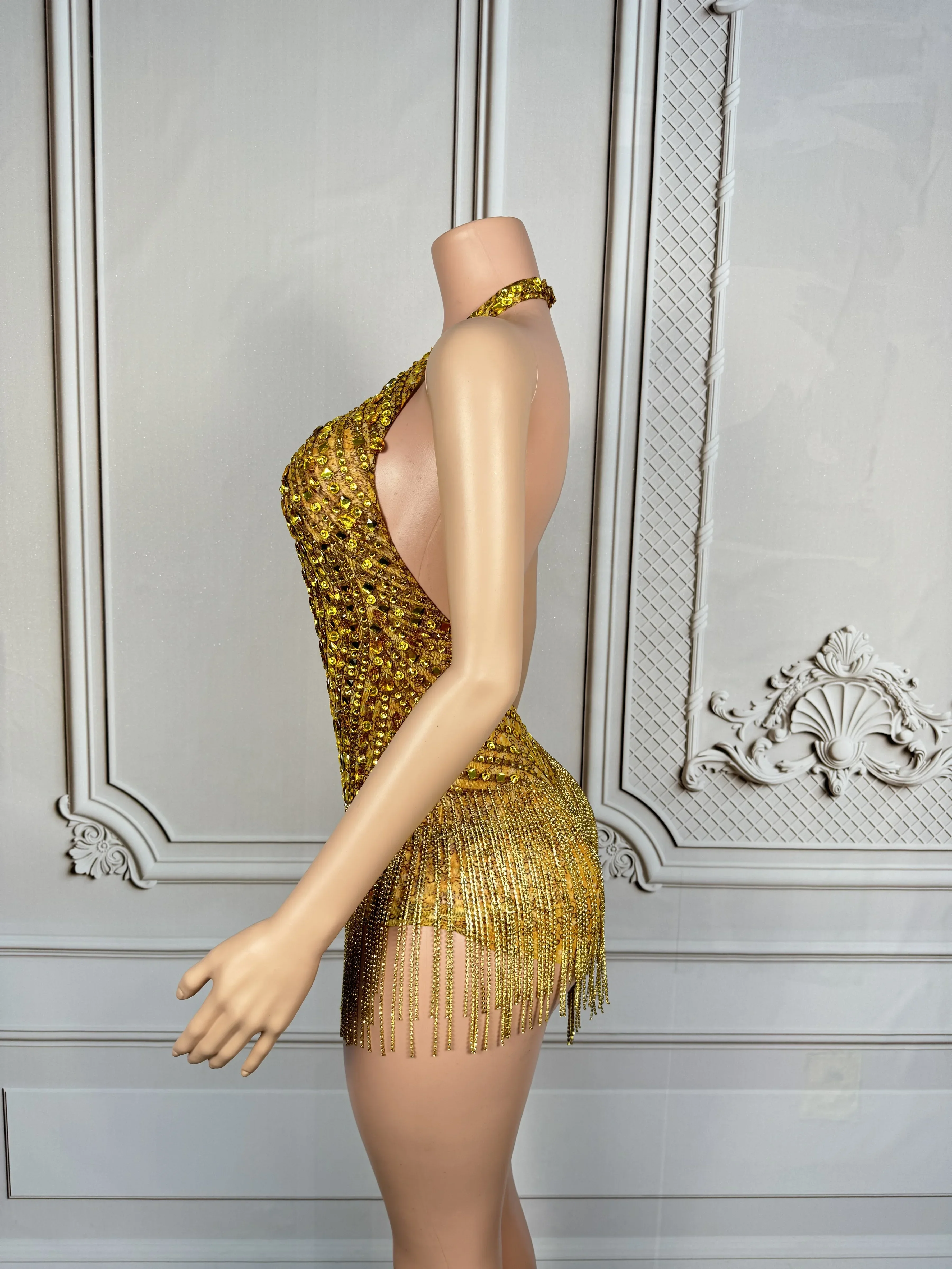 Dançarina desempenho palco wear clube outfit feminino brilhante ouro strass corrente borla bodysuit sexy malha com decote em v traje de dança