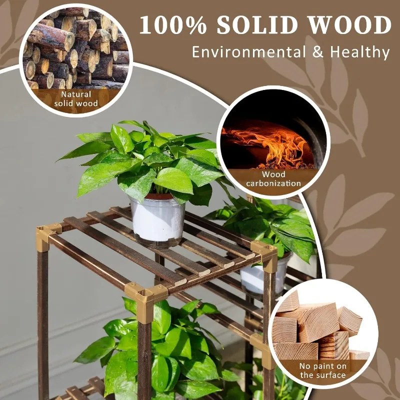 Plant Stand Indoor Outdoor, Tall Shelf for Multiple Plants, 10 tiers 11 Pot Large Rack Wood Plant Holder Plant