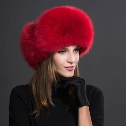 Naturalne futro lisa Bomber Hats Winter Warm Women Flurfy Genuine Fox Fur Earfiap Caps Luxury Quality Russian Lady Real Fox Fur Hat