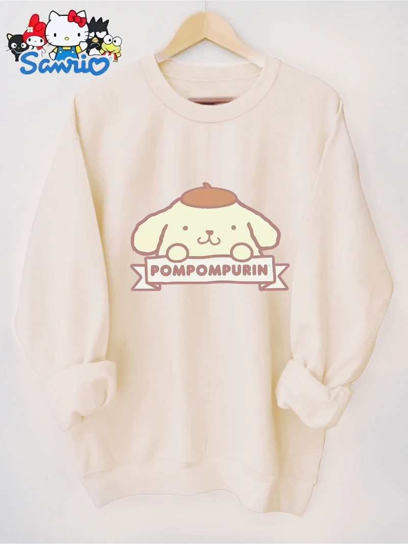 

[Милый свитшот Sanrio] Женская толстовка с круглым вырезом с рисунком Sanrio Pompomurin | Мягкий бежевый пуловер, милый мультяшный принт
