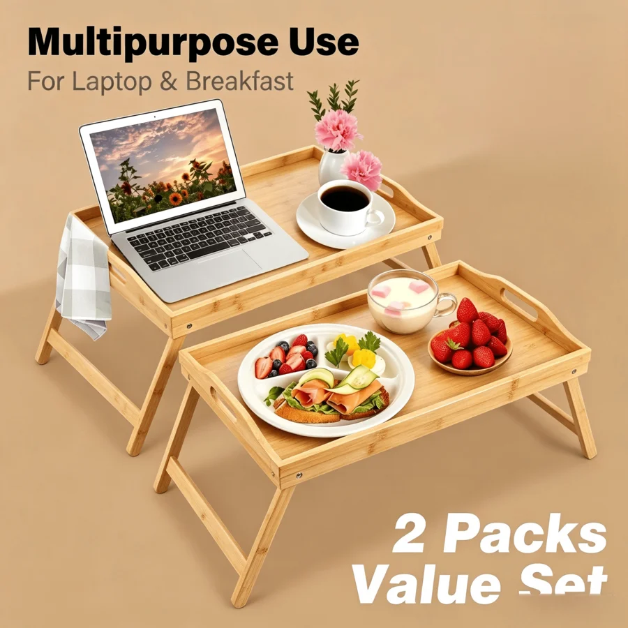 ONESIMCR 1/2pcs Wooden Breakfast Tray Acacia Bed Table Tray, With Folding Legs, Bed Tray For Eating And Laptop, Eating Trays For