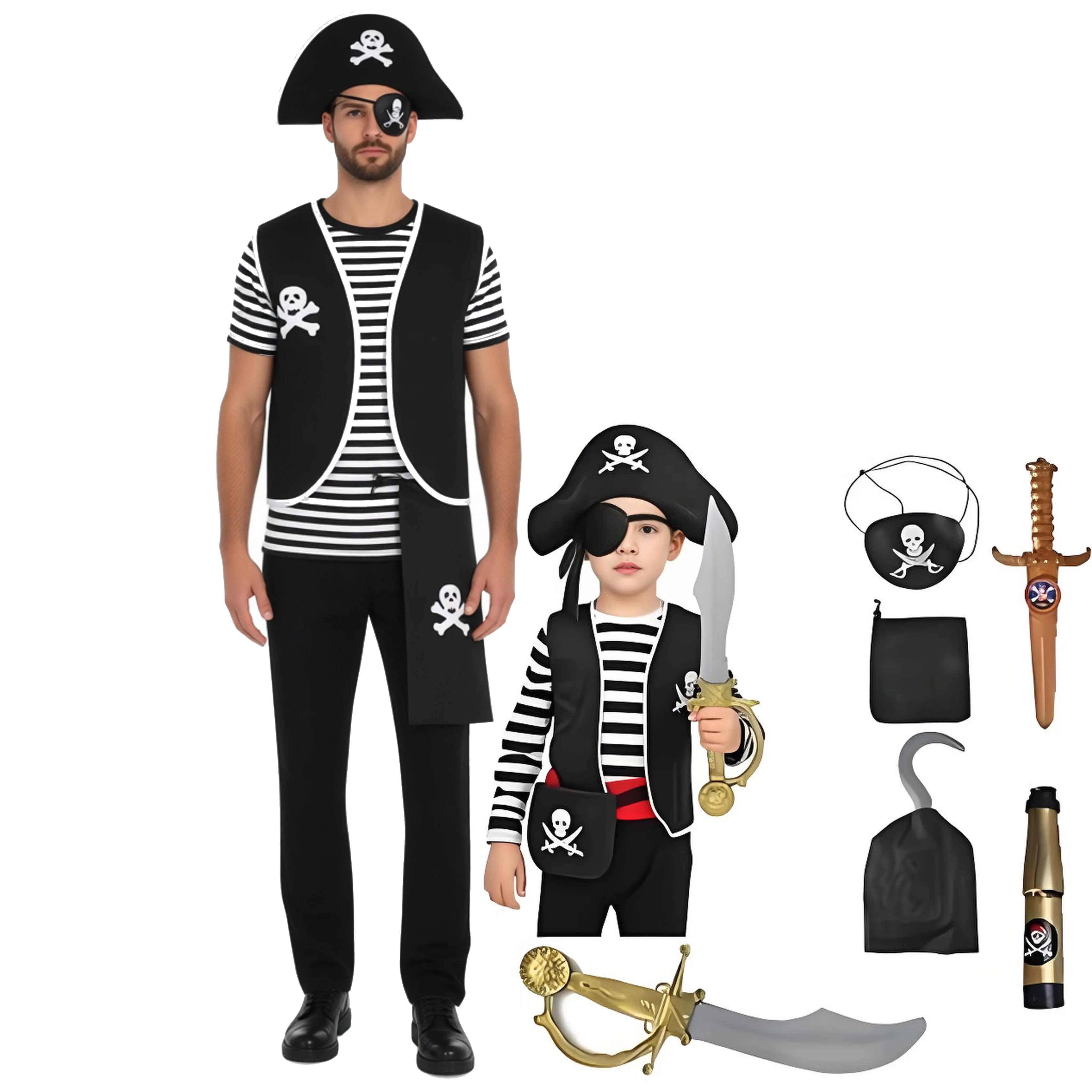 

Adult Boys Pirate Costume Black Vest with Eyeshade Hat Pirate Hook and Bag Knife Set for Halloween Theme Party Cosplay Dress Up