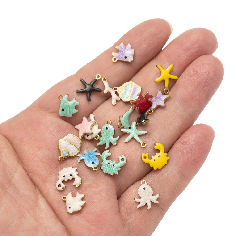 

10pcs Stainless Steel Enamel Octopus Dolphin Crab Fish Pendant Charms For DIY Necklace Bracelet Earring Jewelry Making Supplies