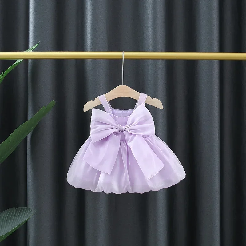 Girls Summer New Solid Color Mesh Bow Strap Dress Girl Baby Fluffy Dress Newborn Princess Dress