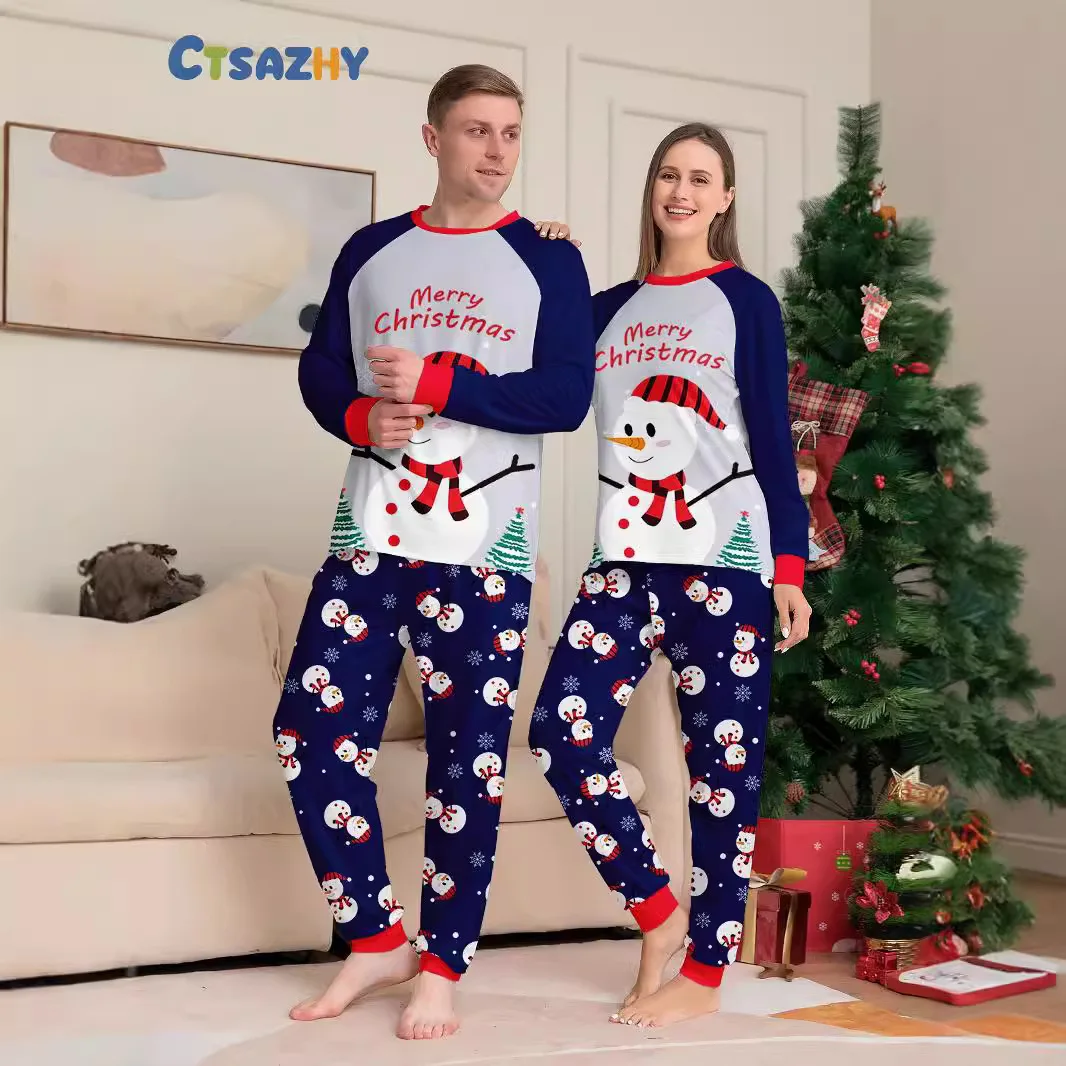 2024 Christmas family clothing Snowman Snowflake letters cartoon family clothing printed home clothing pajamas 2 sets