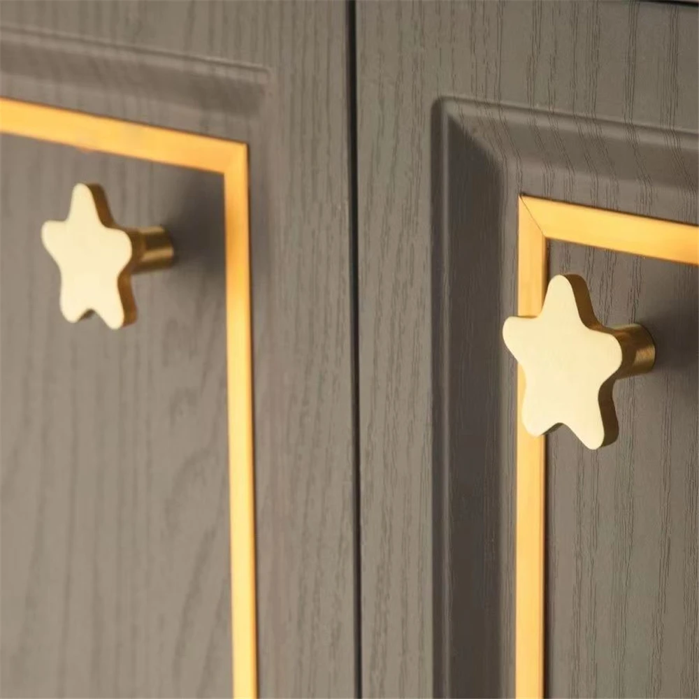 Pure Copper Star Shape Cabinet Knobs Children's Room Five Pointed Star Brass Handles Wardrobe Kitchen Pulls Handle Cupboard Hook