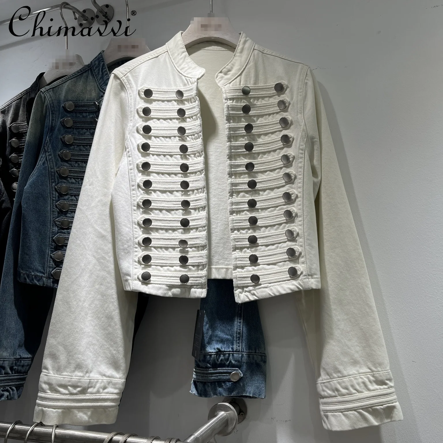 

French Court Style High-end Long-sleeved Denim Jacket Women Spring Autumn New Fashion Elegant Slim-fit Stand Collar Cropped Top