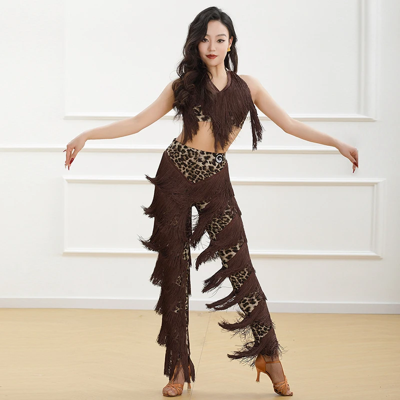 Damen Latein-Tanzhosen-Set Leoparden-Fransen-Top Sexy Latein-Performancekleidung ChaCha Rumba Salsa Kostüm Brauner Trainingsanzug 4666