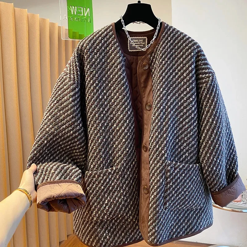 

Твидовое шерстяное пальто без воротника, женское осенне-зимнее пальто 2025, новое шерстяное пальто, свободные пальто с большой подкладкой, свободная верхняя одежда большого размера