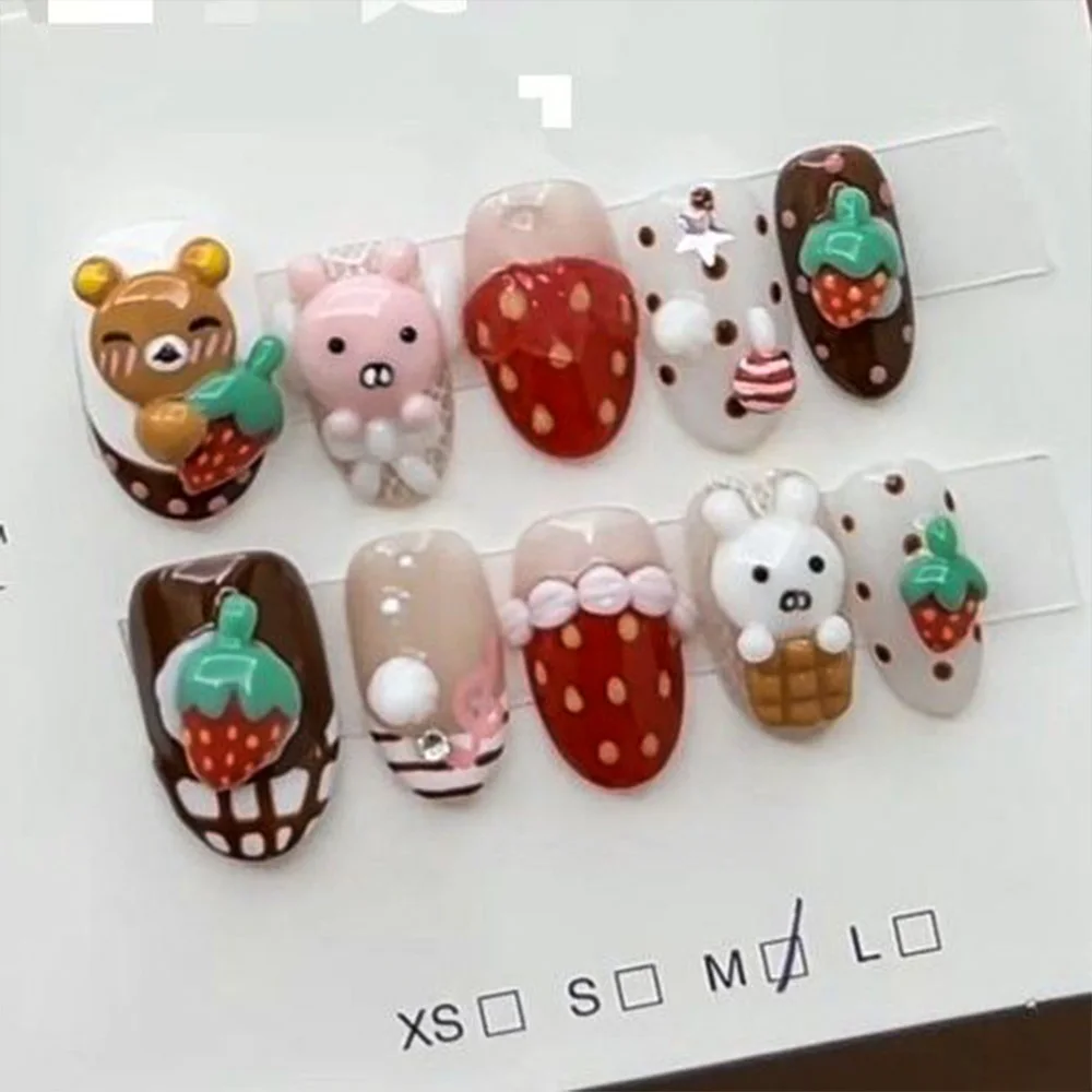 Niedliche Retro Japanische Rilakkuma Rosa Kaninchen Mandel Künstliche Nägel 3D Schleife Stern Katzenpfote Erdbeere Aufklebenägel Handaccessoires – Detail 14