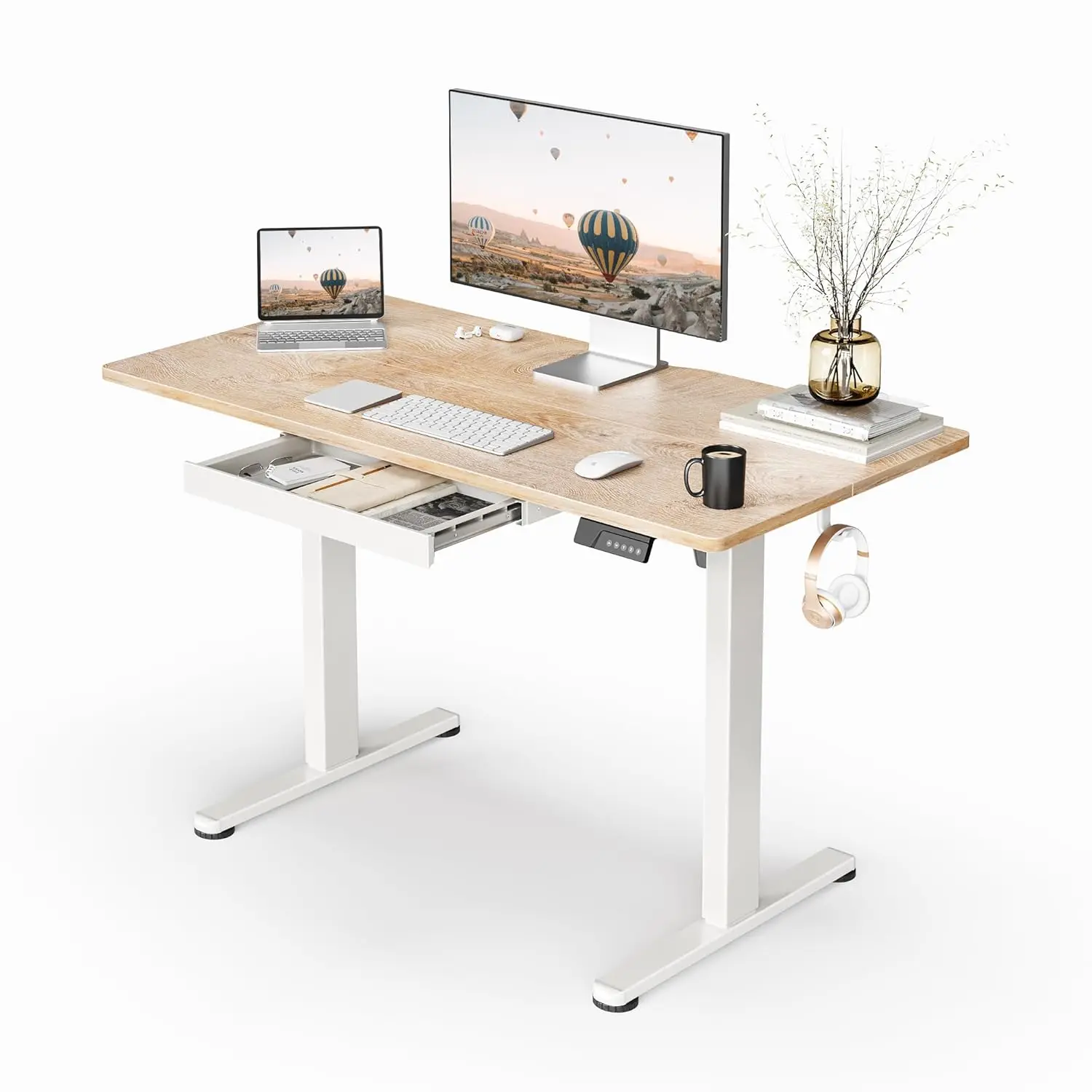 

Electric Height Adjustable Desk with Drawers 48x24 Inch 3 Memory Presets Sit Stand Home Office Rustic Brown, Customized