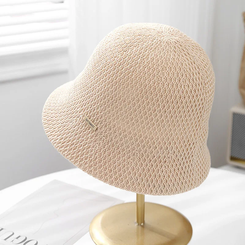 Women's Hollow Knit Bucket Hat Metal Label Design Foldable Fisherman Cap For Spring/summer Beach & Travel Sunshade Sun Hat