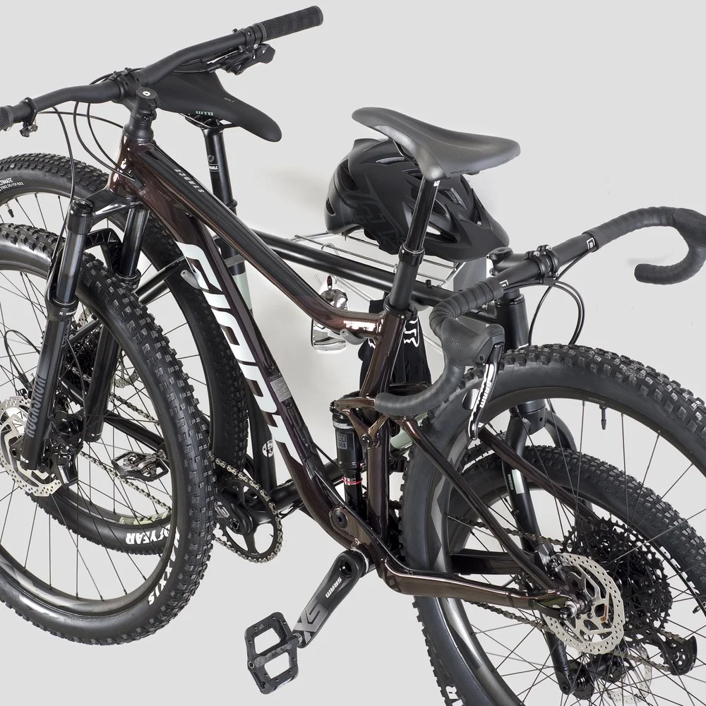 Foldable Bike Rack Garage Wall Mount 2 Bikes Includes Storage Shelf and Accessory Hooks Durable Steel Construction Space Saver