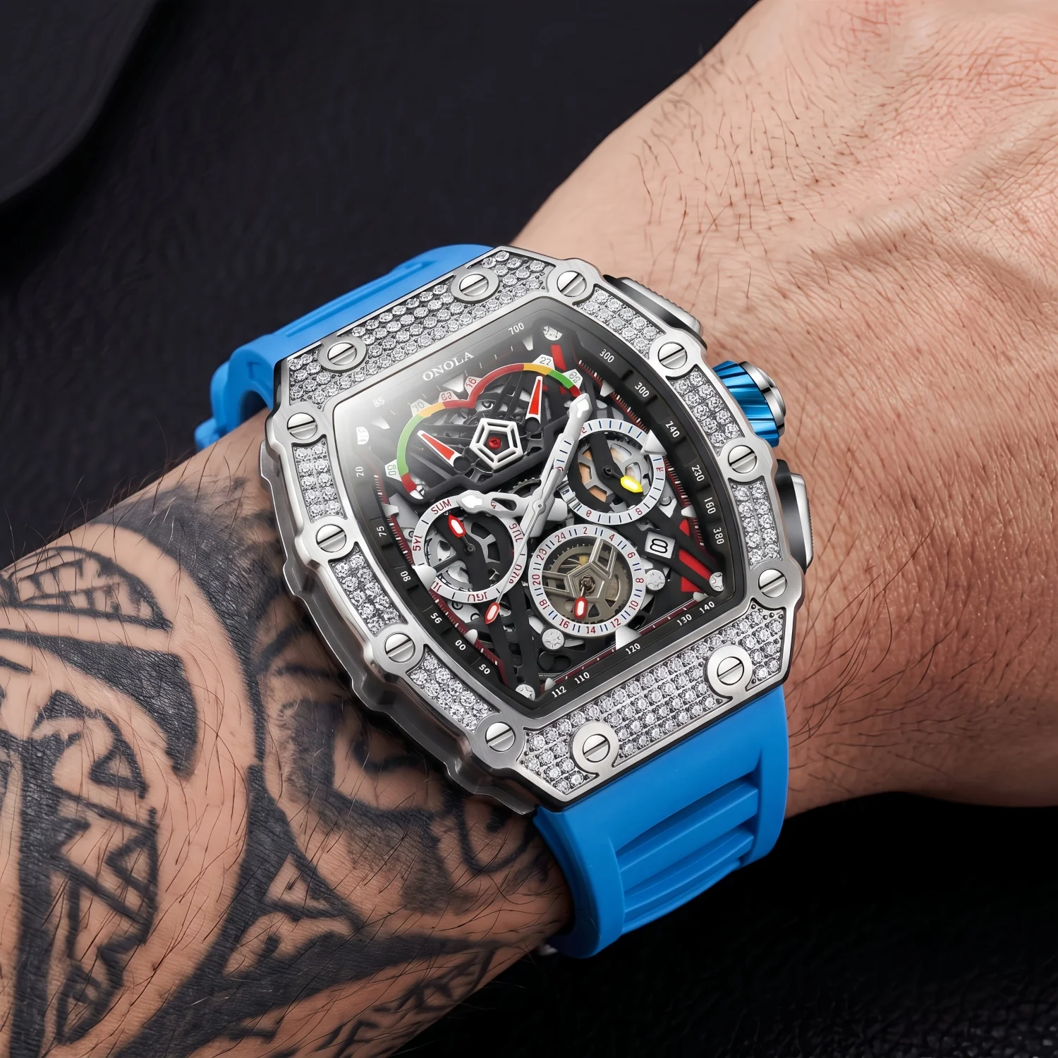 ONOLA Men's Watch Inlaid Appearance Alloy Case Silicone Strap Multi functional Watch Mechanical Watch Hollow Dial Waterproof