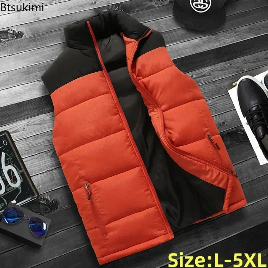 

2024 Men's Casual Cotton-padded Vest Fashion Colorblock Sleeveless Autumn Winter Warm Vest Jacket Thicken Loose Waistcoat Male