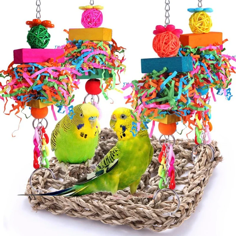 Parakeet Toys Bird Toys Conure Toys Birdcage Stands Bird Foraging Wall Seagrass Woven Hammock Swing Mat For Cockatiel