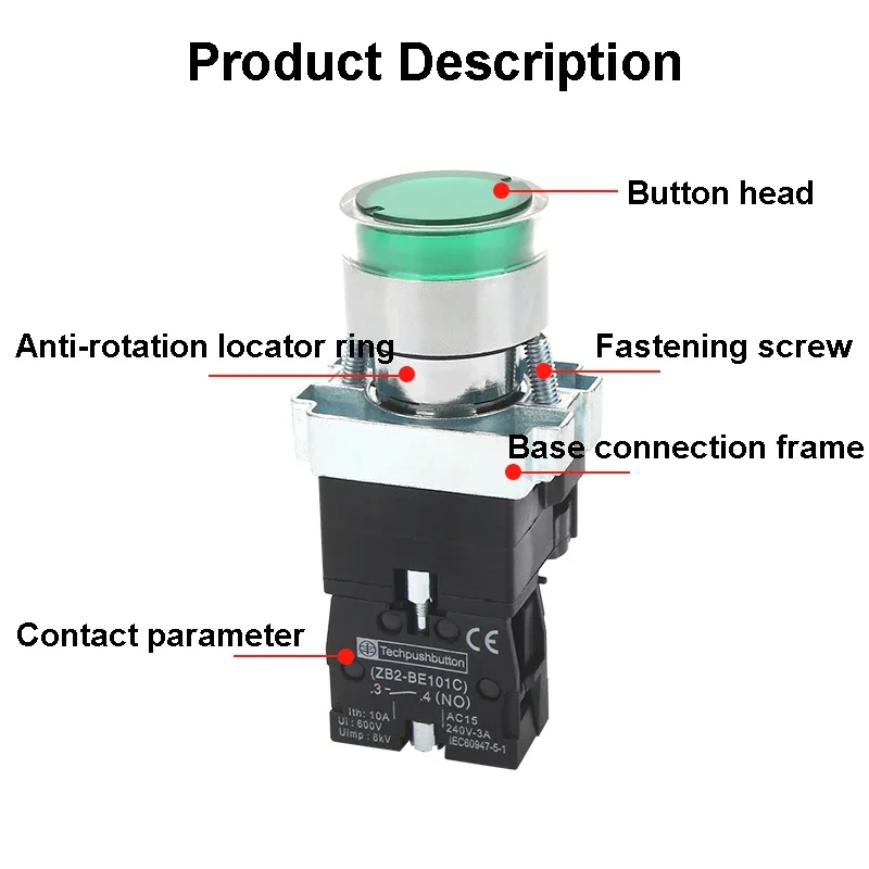 XB2-BW 22mm Self-reset/Momentary Metal Push Button Switch with LED Light NO/NC 24V 220V 380V Green Red Yellow Blue White