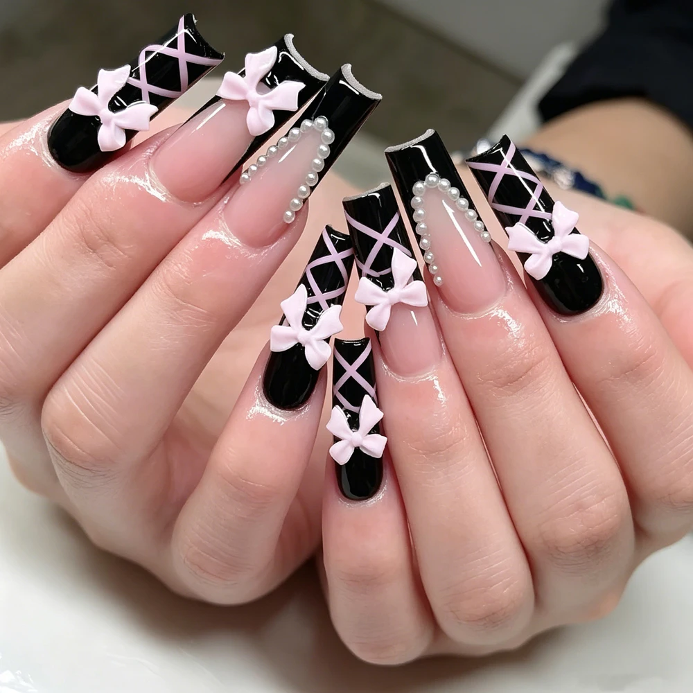 24 Uñas Postizas Francesas Negras con Diseño de Bailarina, con Lazo Rosa 3D y Perlas, Uñas Postizas Largas en Forma de Ataúd para un Look Moderno Y2K, Uso Diario, Manicura