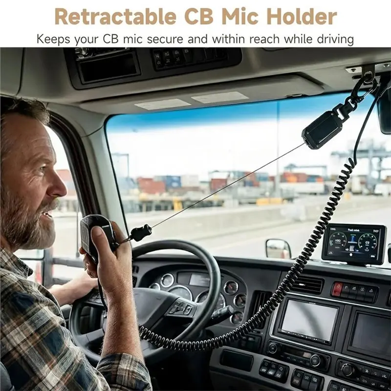 ABUO-2 Pcs Retractable CB Mic Holder, Extendable Radio Mic Reel Hanger With Carabiner Clip & D-Ring For Truck Car CB Radio