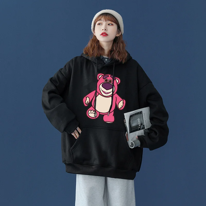 Disney Cartoon Bear Strawberry Bear Printed Hoodie for Men and Women Couples Cartoon Bear Leisure Sports Street Hoodie