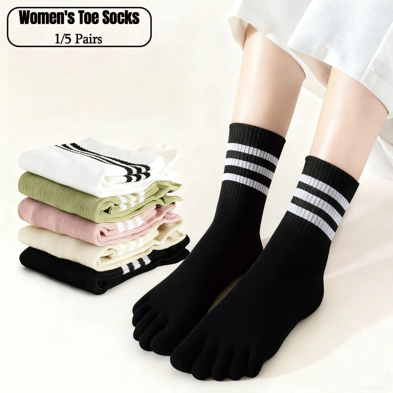 1/5 Pairs Women Pure Cotton Five Toe Crew Socks Classic 3 Stripes Separate Finger Split Toe Socks Casual Daily Socks