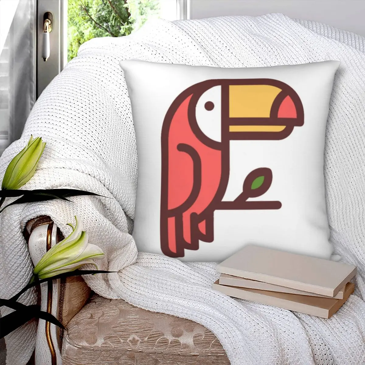 Red Hornbill Sitting On A Branch Square Pillowcase Polyester Pillow Cover Velvet Cushion Decor Comfort Throw Pillow For Home Car