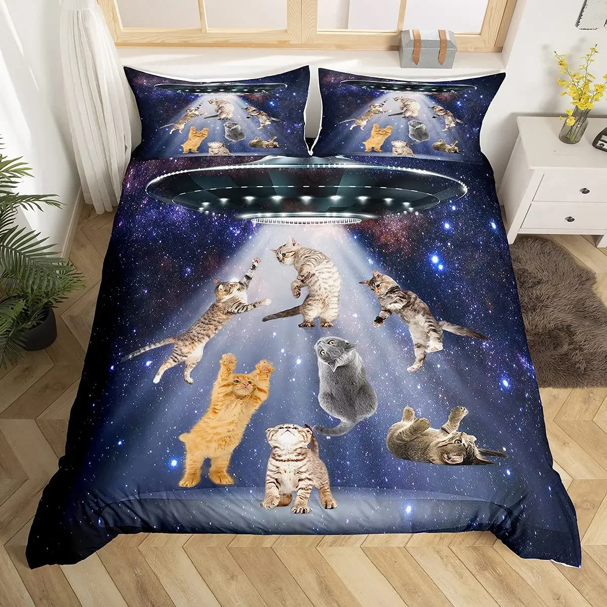 Rainbow Cat Butterfly Duvet Cover Set King,Watercolor Tie Dye Planet Galaxy Outer Space Bedding Set Shiny Golden Glitter Bed Set