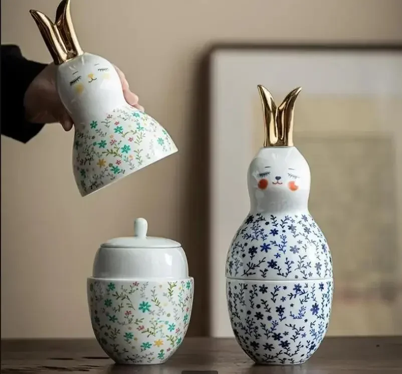 Flower Rabbit Tea Can Caddy with Teaspoon Sealed Jar Box Storage Container Organizer Candy Jars