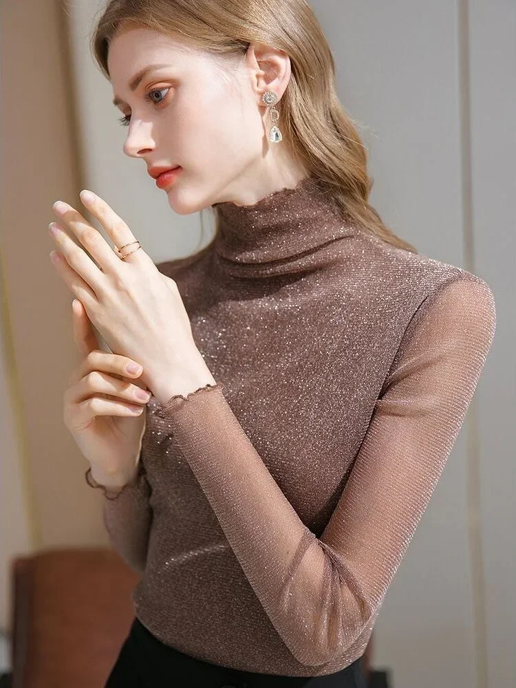 Black Top Female Turtleneck Mesh Slim Fine Sparkle Women\'s Long Sleeve T-shirt 90s Vintage Harajuku Fashion Japanese Clothes Tee