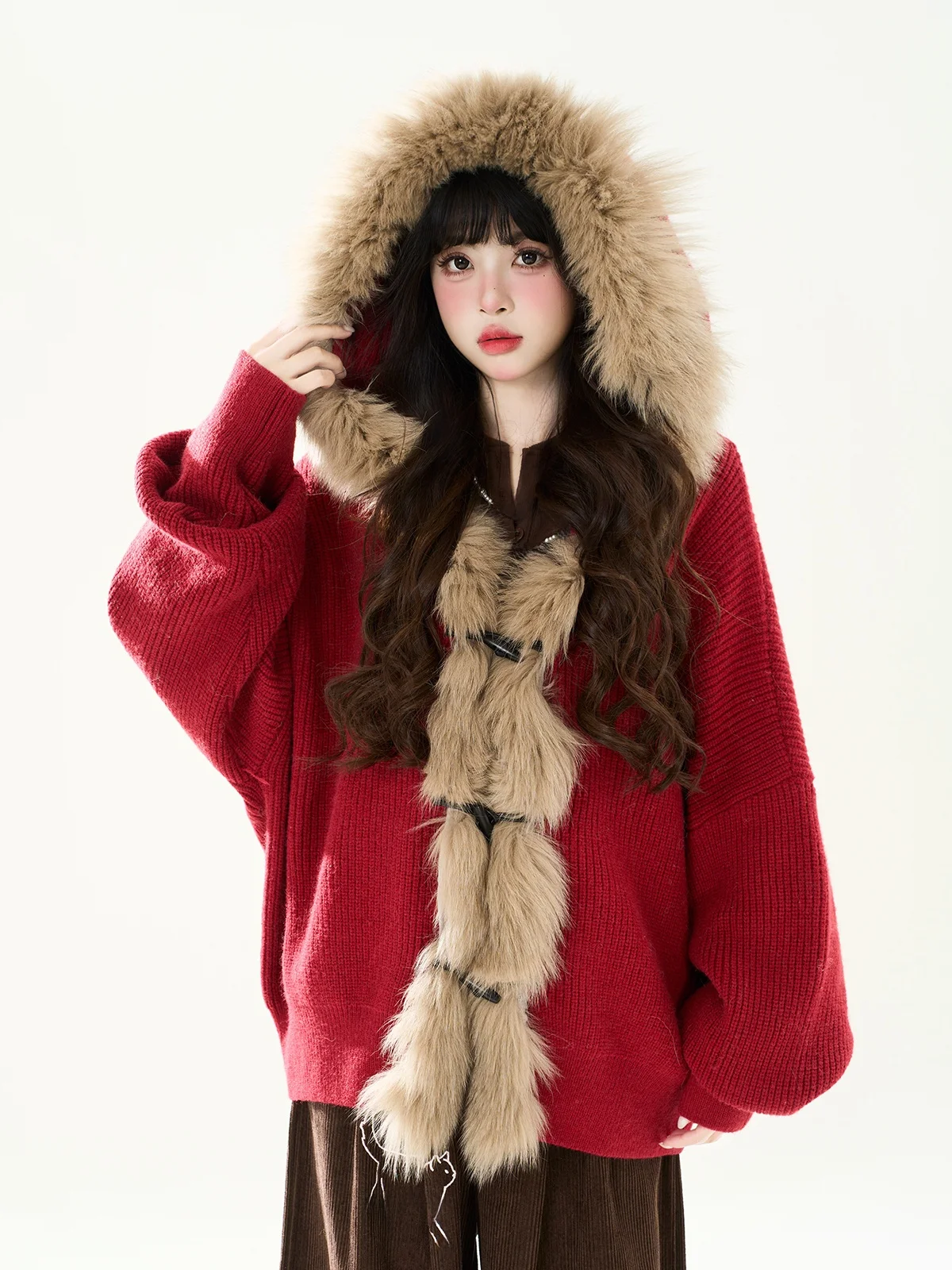 

Женский вязаный кардиган ENJOG с меховым воротником, свободный крой, повседневный стиль, осень-зима, красный топ Aosphere Sensation