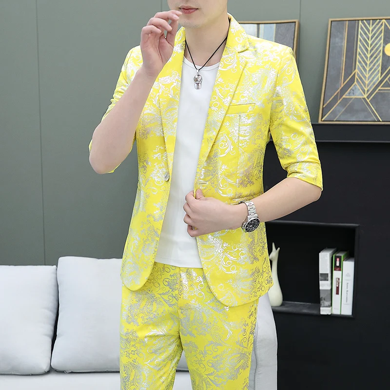 Printed Mid-sleeve Small Suit Men\'s Suit Summer Thin Korean Version Personality Trend Handsome Seven-quarter Sleeve Suit Jacket