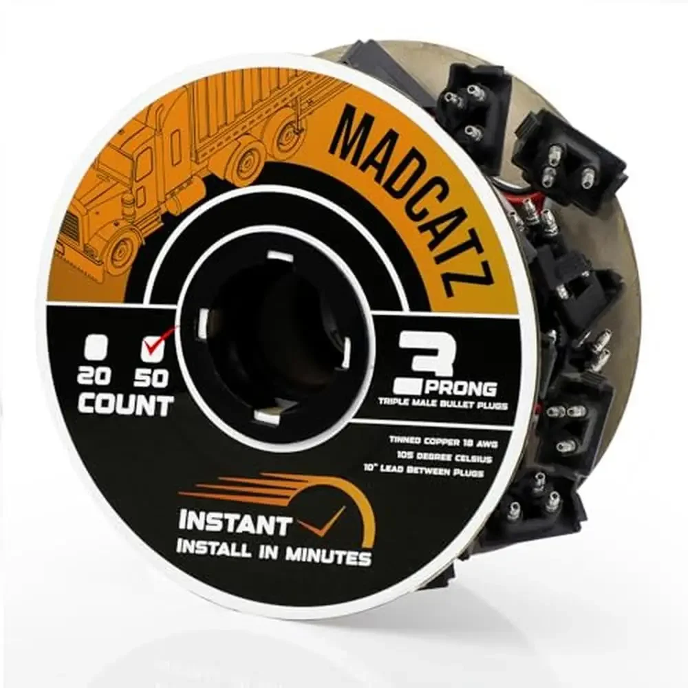 

50 Count Continuous 3 Prong Wire Harness Roll 18G Male Bullet Plugs 10"/25cm Lead Tail Light Truck Semi ATV Utility Trailers