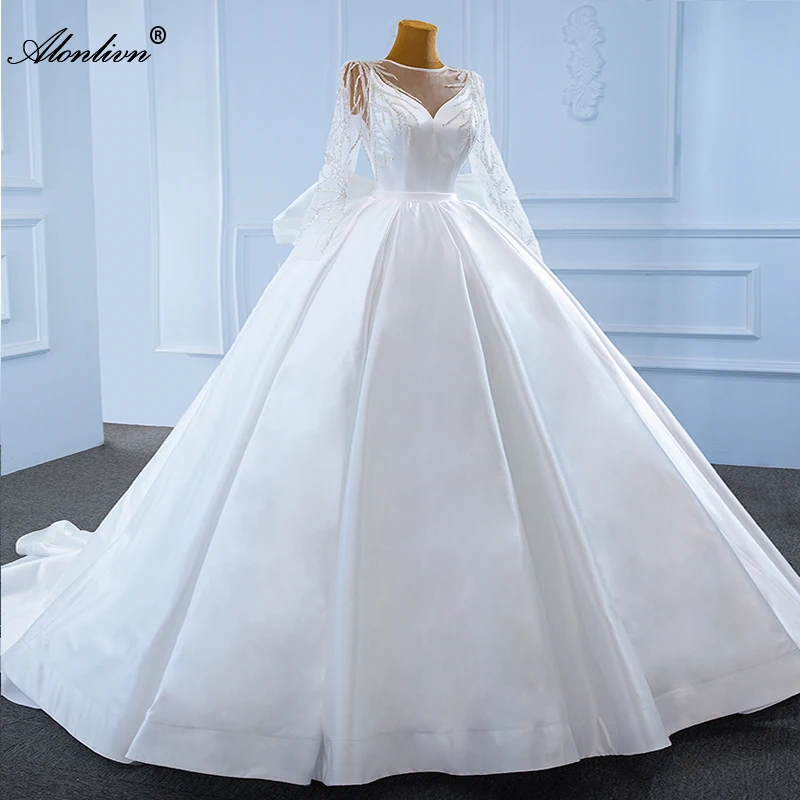 

Alonlivn Luxury Satin O-Neck Ball Gown Wedding Dress Vestido De Noiva Beading Sashes Sequined Lace