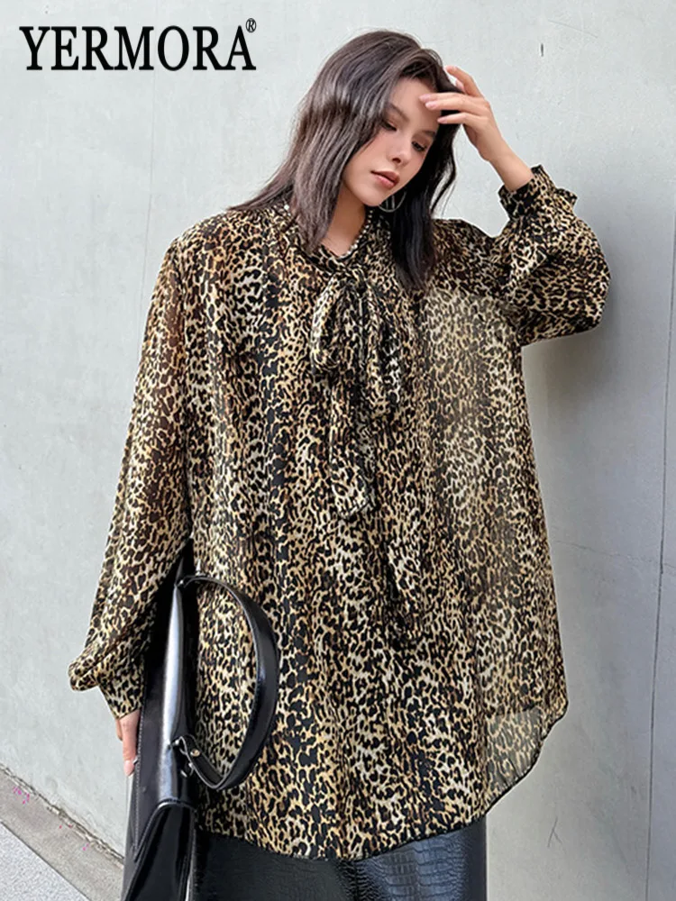 

YERMORA Leopard Bandage Thin Big Size Design Vintage Blouse For Women Long Sleeve Loose New Shirt Fashion Spring Summer 2026