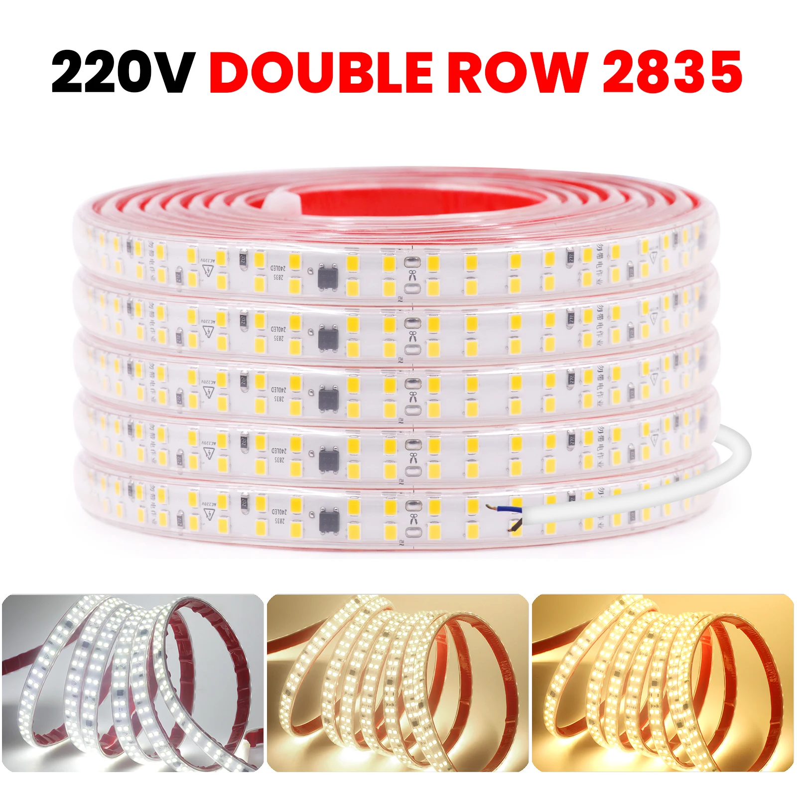 

220V Double Row LED Strip Light 2835 240LEDs High Brightness Flexible LED Tape with Adhesive Waterproof Light Bar Home Decor