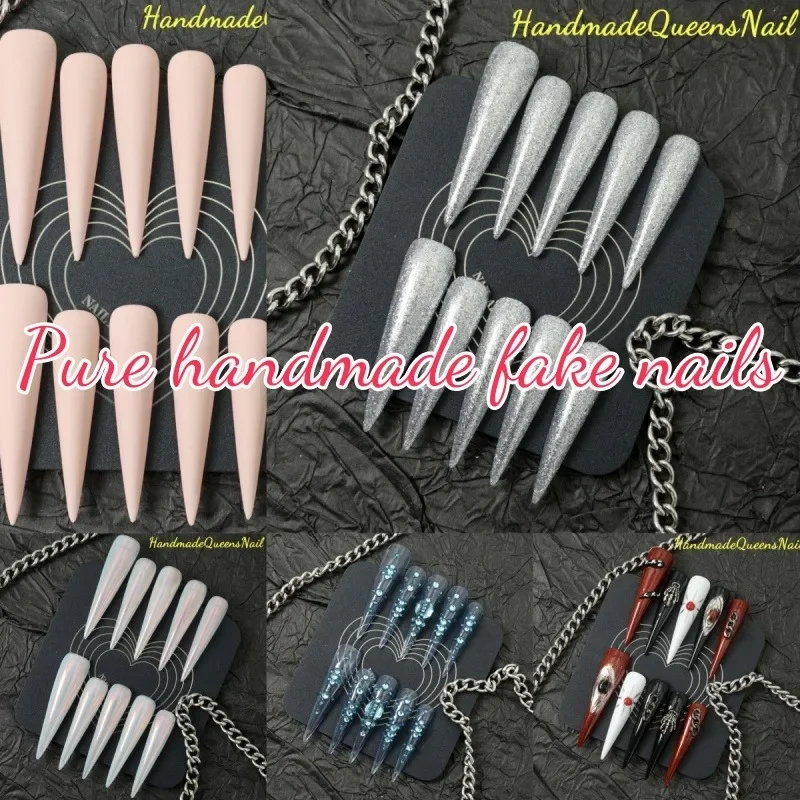 

10 Pieces of Handmade Press-on False Nails, Extra-long Teardrop-shaped Nail Art Set, Full Coverage Design,removable and Reusable