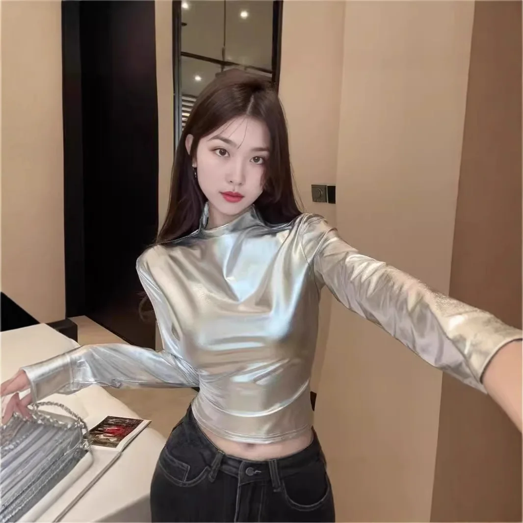 Slim Fit Long Sleeve Women's Performance T-shirt Short Style Half Collar Spring Autumn Fashionable Polyester Material Printed
