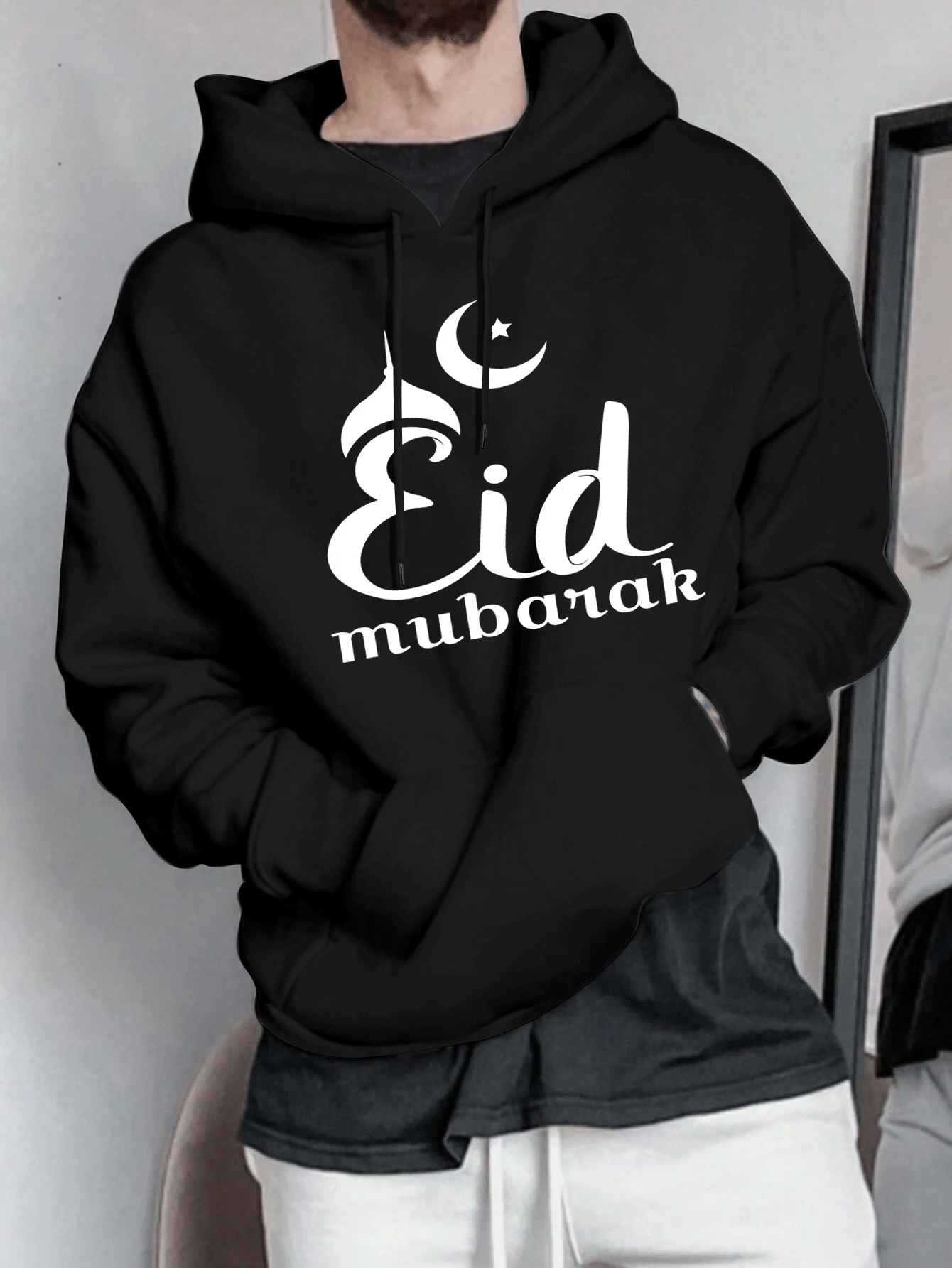 

Удобная осенняя толстовка с принтом луны «Ид Мубарак», мужская теплая флисовая толстовка с длинными рукавами, мягкая универсальная одежда, простая уличная одежда
