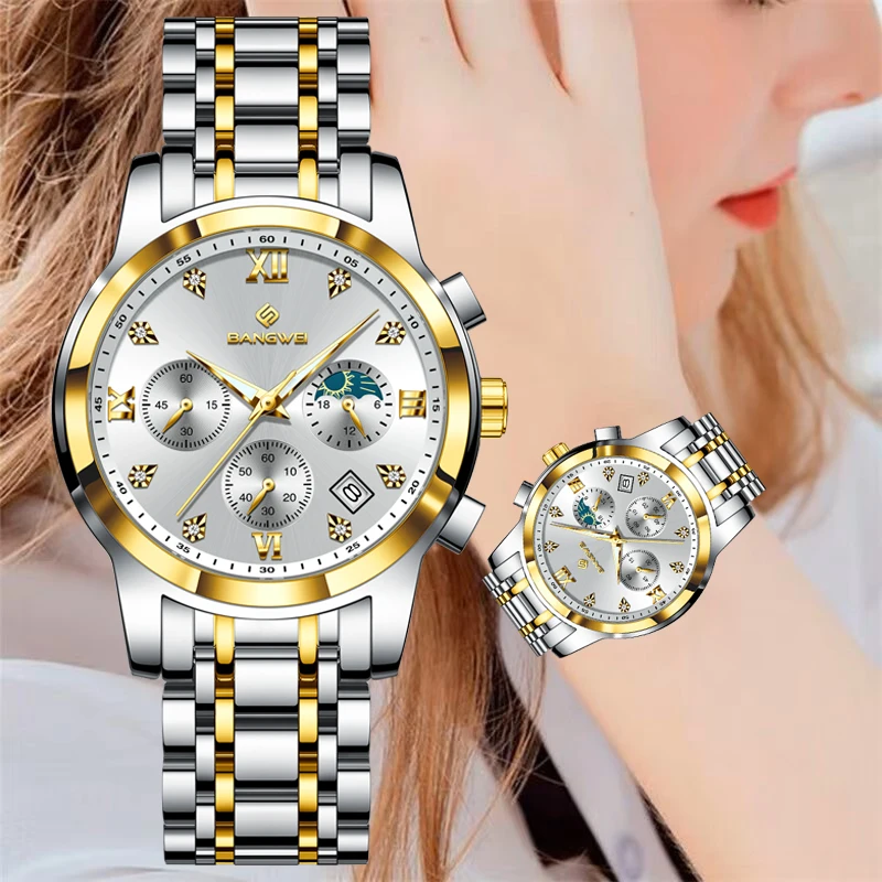 BANGWEI New Luxury Diamond Watch For Women Stainless Steel Waterproof Luminous Ladies Watches Simple Elegant Quartz Chronograph