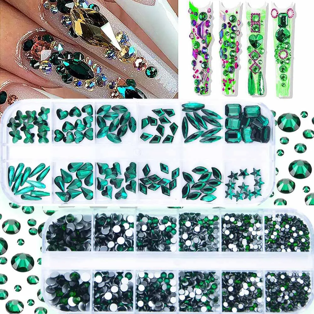 

2 Boxes(24Grids) Emerald Glass Nail Rhinestones 3D SS6-SS20 Round Bead Flatback Gem Multi Shapes Green Crystal Diomand Nail Dec