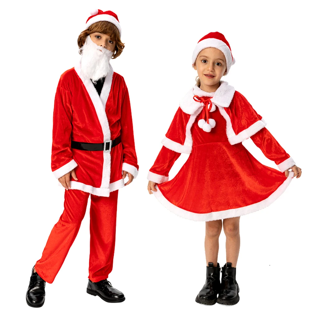 Boys Girls Christmas Costumes Quality Velvet Santa Claus Cosplay Suits New Year Eve Party Role Play Clothes Outfits