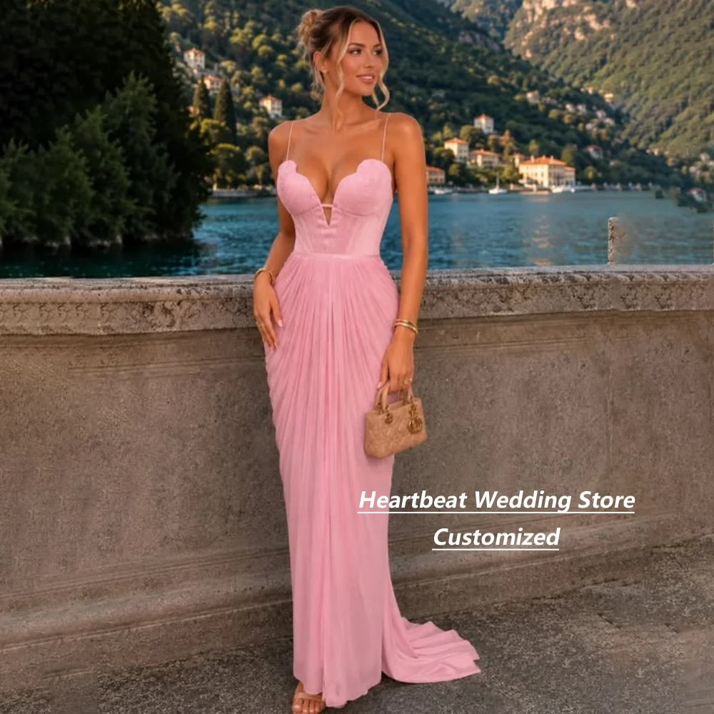 Customized Blush Pink Chiffon Mother Of The Bride Gown Spaghetti Strap Heart Neck Corset Ruched Mermaid Formal Evening Dress