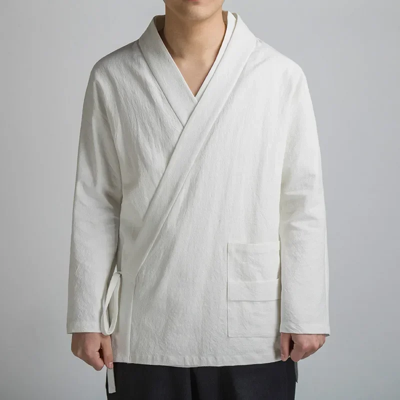 Men Kimono Cardigan Male Harajuku Outwear Mens Kongfu Coats M-4Xl Traditional Open Stitch Hanfu Men Cotton Linen Jacket