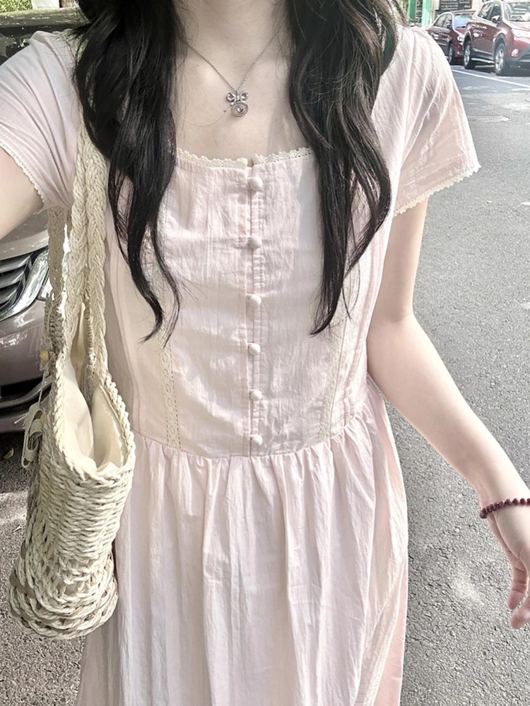 Różowa, słodka, koronkowa spódnica z efektem łączenia materiałów, damska, letnia, nowa kolekcja 2025, wyszczuplająca w talii, rozkloszowana, długa spódnica w stylu koreańskim, wykonana z poliestru...