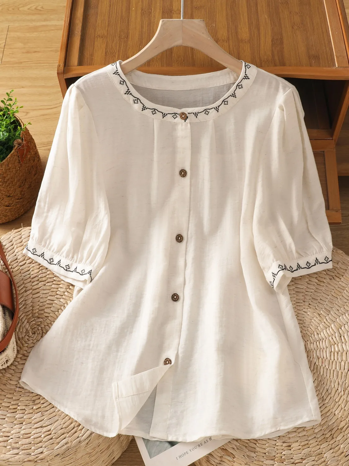 

Retro Embroidered round Ne Cotton Linen ort Sve irt Women Summer Youthful Slimming Casual Ele Loose Top Thin