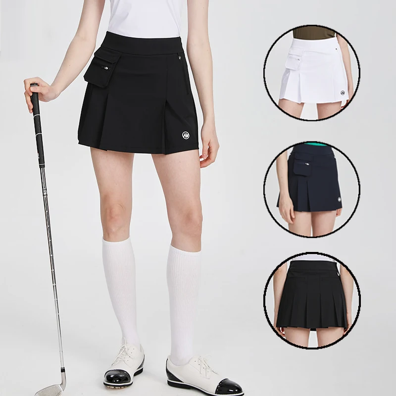 Blktee Golf Short Cargo Skirt Women Pleated Tennis Golf Skirt Zipper Pocket A-Lined Miniskirt Ladies Pure Color Sports Skorts