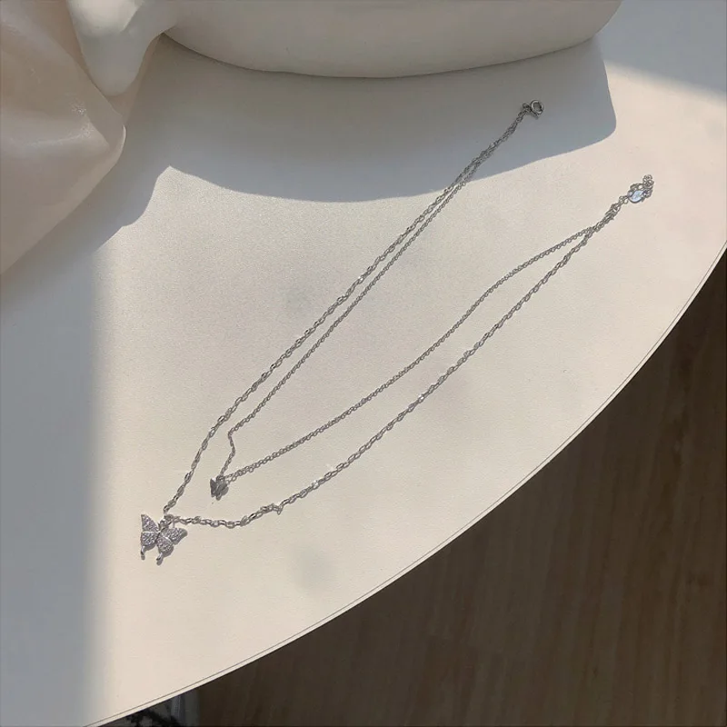 S925 Sterling Silver Double Layer Butterfly Necklace for Women INS Small Fresh Shiny Zircon Clavicle Chain Jewelry Accessories