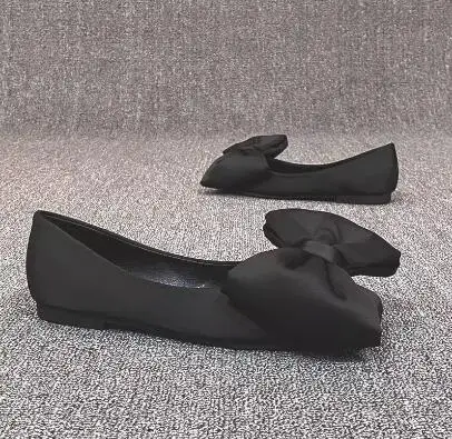 

New Ladies Black Solid Silk Big Butterfly Knot Front Square Toe Shallow Slip On Flat Loafers Women Low Top Walking Flats Shoes